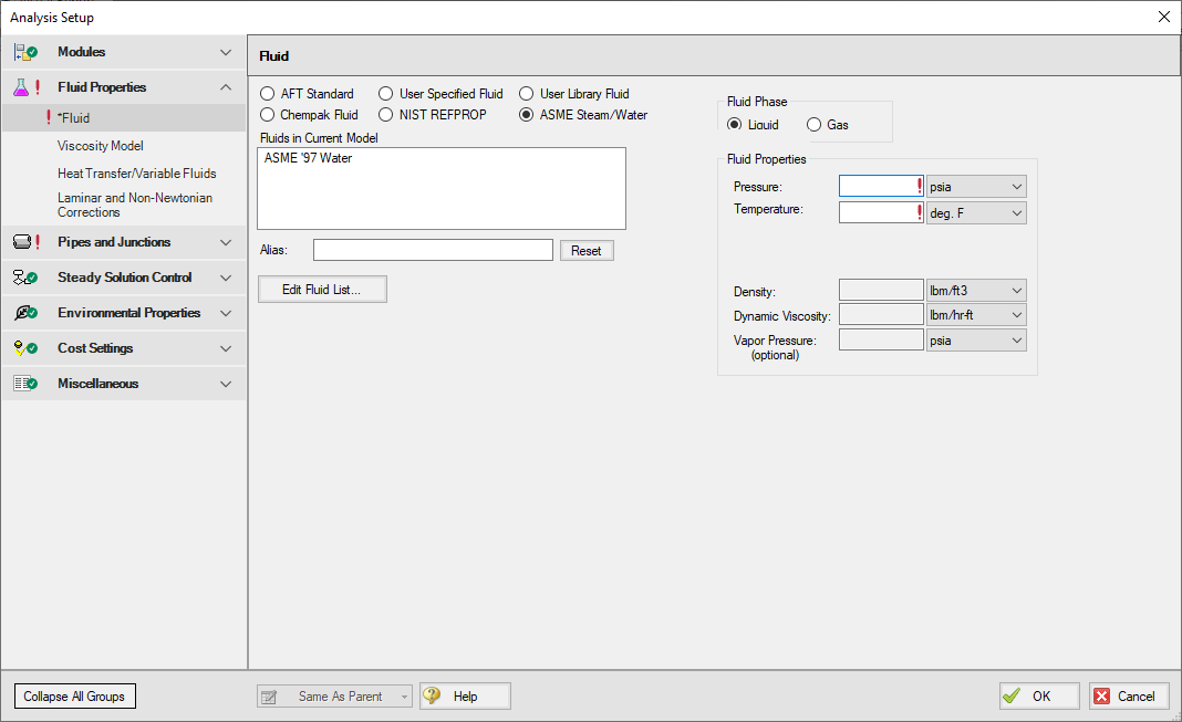 The Fluid panel in Analysis Setup with ASME Steam/Water database selected.